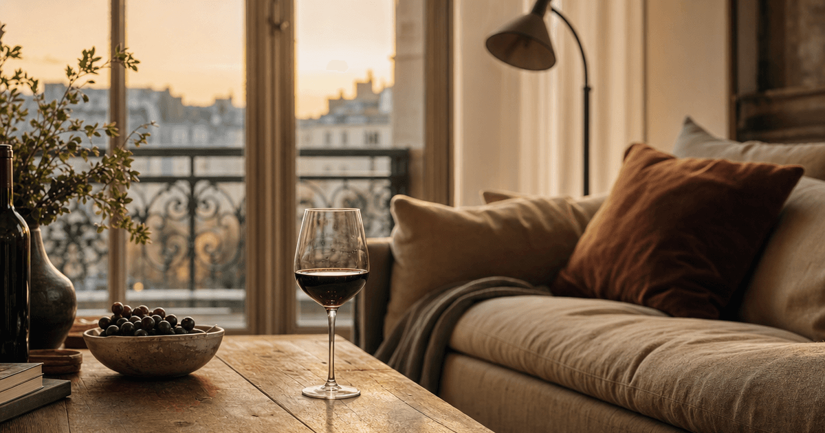 Glass of red wine on a coffee table beside a remote control, set up for a wine country movie night on the sofa