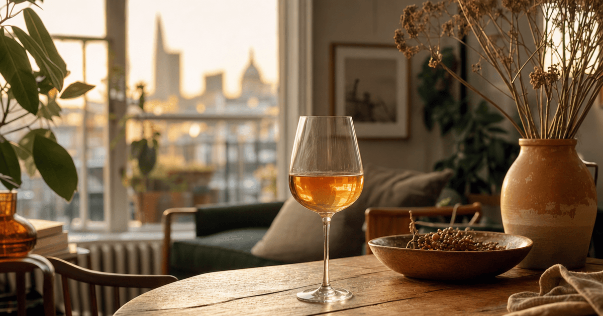A glass of amber-hued orange wine catching light on a wooden shop counter, bottles of skin-contact wine blurred behind it