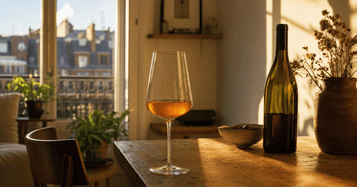 A cloudy glass of natural wine and a hand-labelled bottle on a wooden shop counter, light through the window
