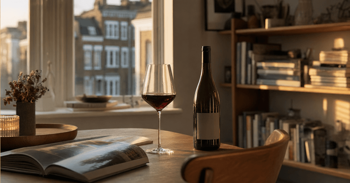 Close-up of a hand holding a wine bottle in a shop, pointing at the label while learning how to read a wine label