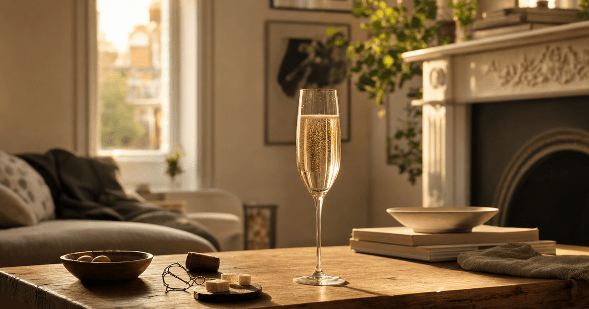 A flute of pale gold Champagne beside a label showing brut, illustrating the champagne brut meaning on sweetness scales
