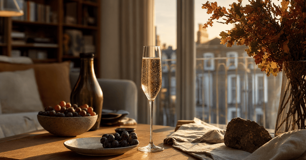 A glass of pale gold blanc de noirs champagne being poured beside dark Pinot Noir grapes on a wooden shop counter