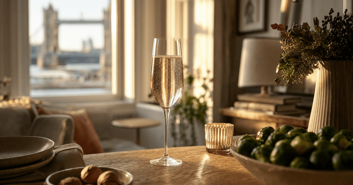 Bottle of champagne chilling beside a set Christmas dinner table with glasses ready for pouring