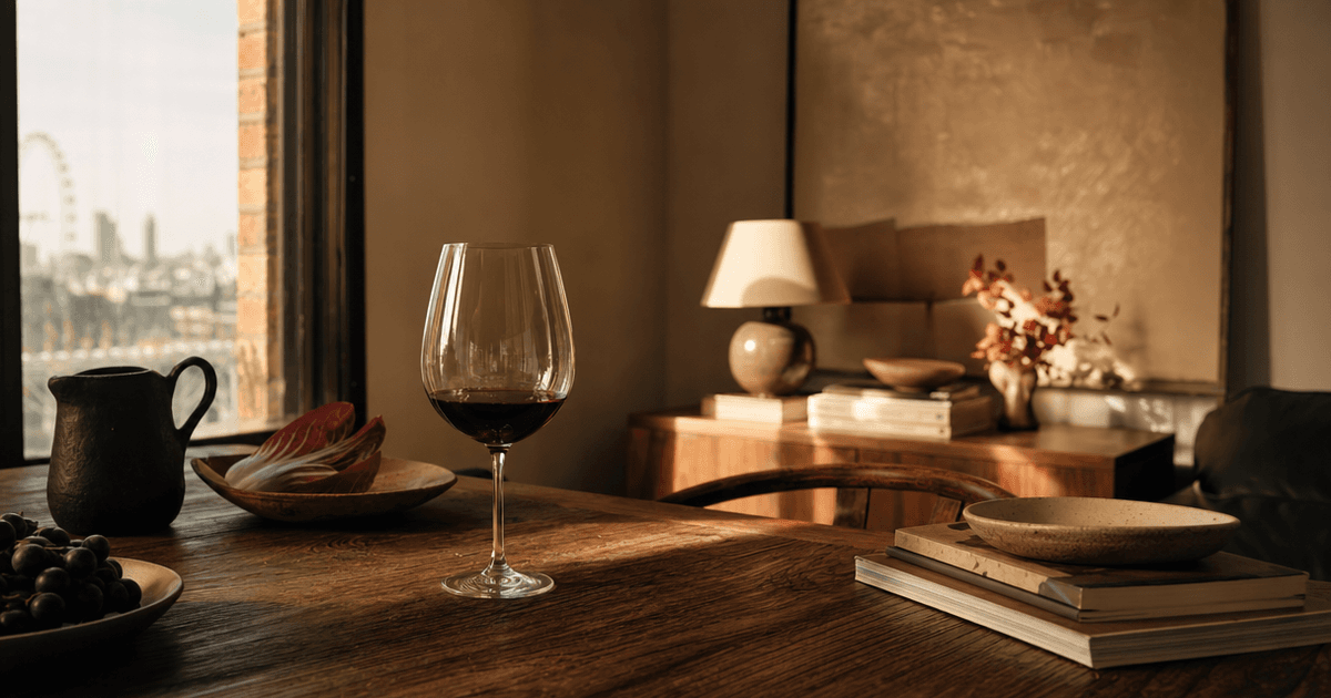 A bottle and glass of Gattinara wine on a wooden table with the Alto Piemonte hills visible through a window behind