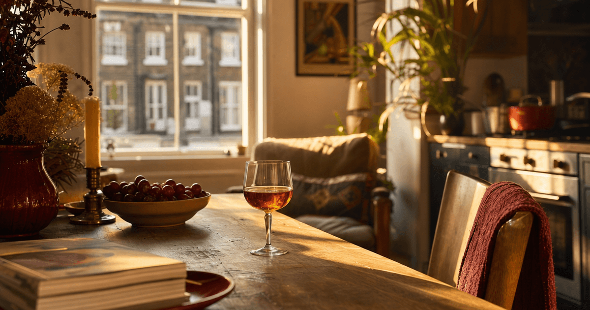 A glass of amber Marsala wine beside a Sicilian vineyard at dusk, bottle and pecorino cheese on the table