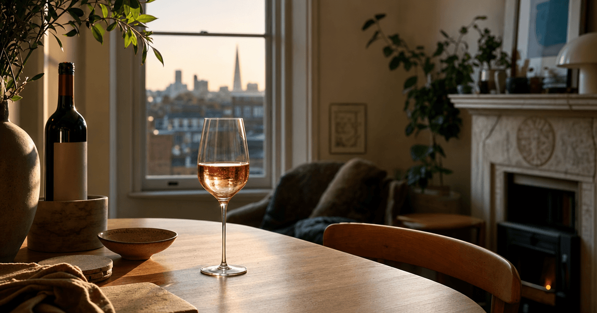A bottle of red wine chilled in an ice bucket on a garden table, condensation on the glass, summer light