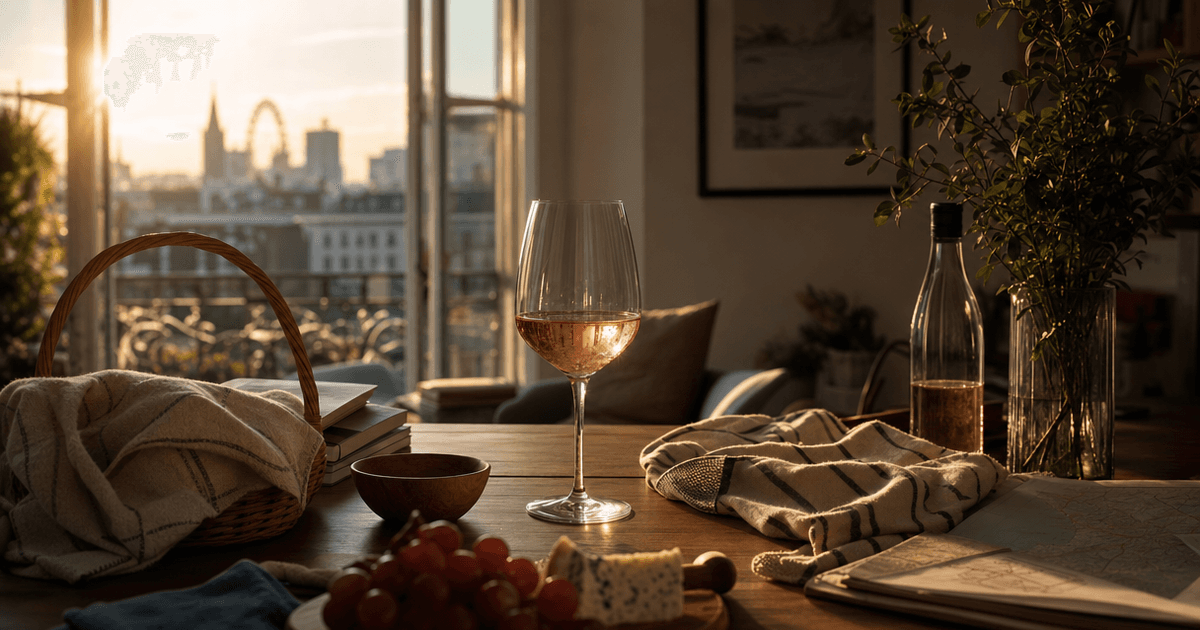 Picnic wine glasses and a chilled bottle of rosé set out on a tartan rug in dappled summer shade