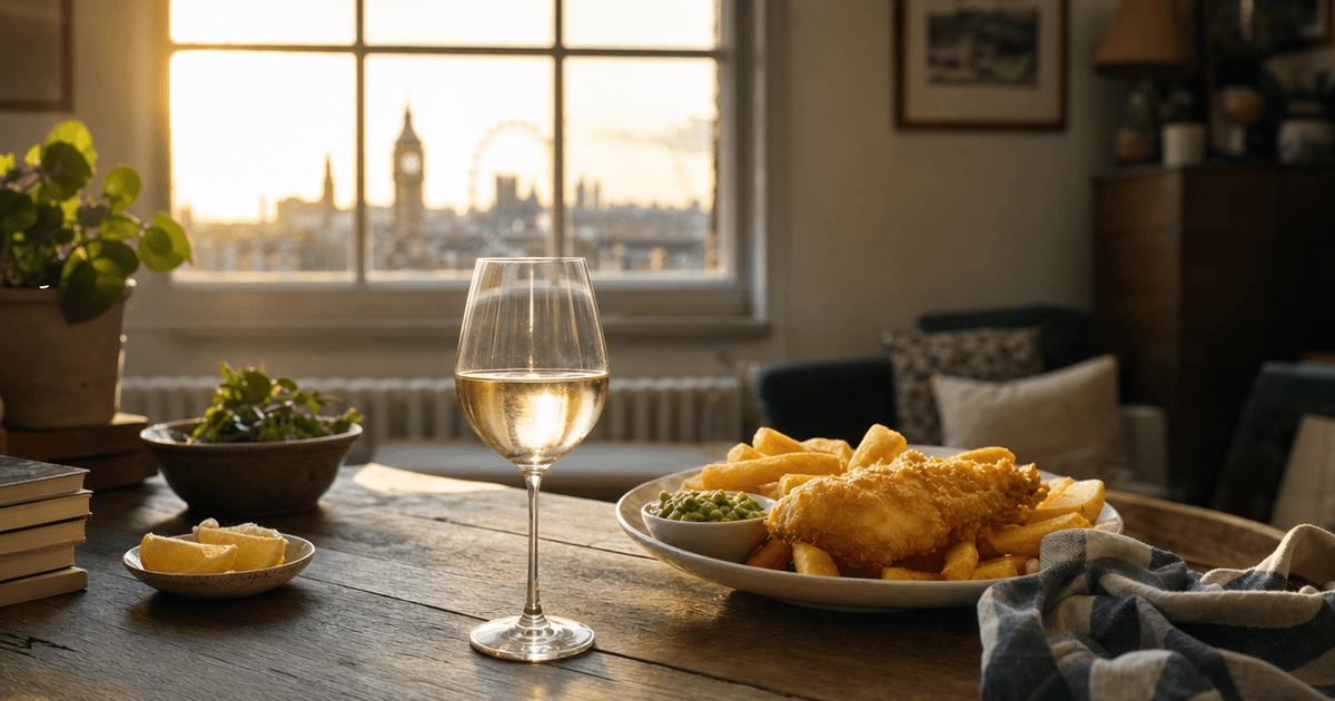 A glass of chilled white wine beside a plate of battered fish and chips with a wedge of lemon and malt vinegar