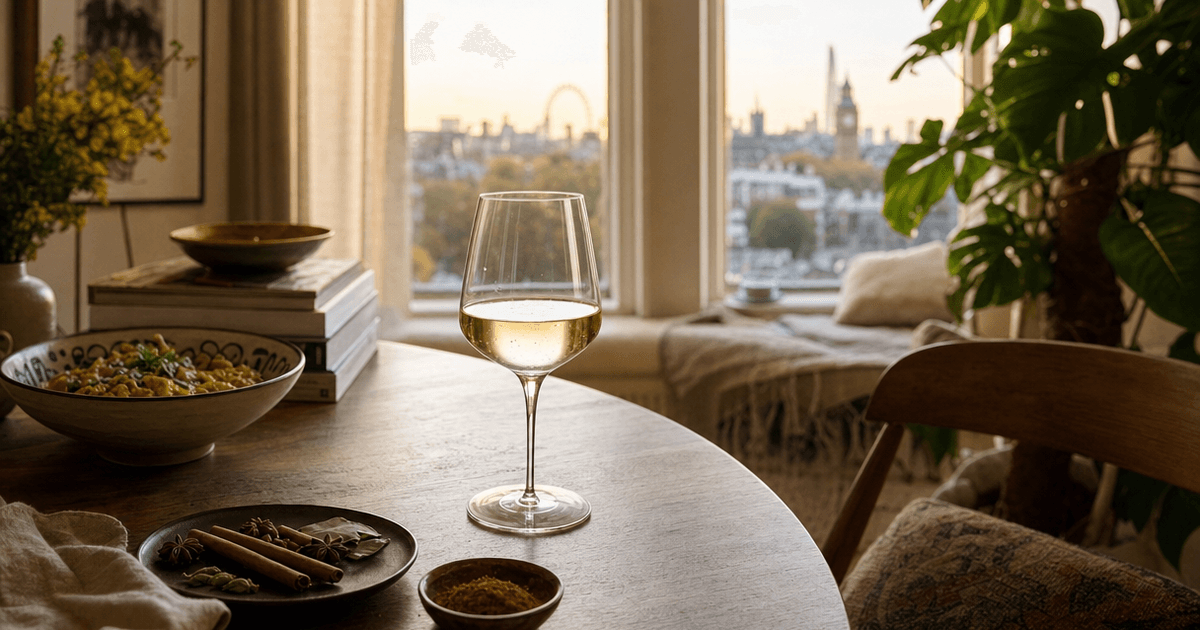 Glasses of chilled Gewürztraminer and Riesling on a table beside steaming curry dishes and poppadoms