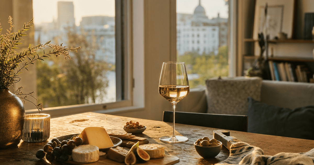 A cheese and wine night spread with a wooden board of five cheeses and matched glasses of red and white wine