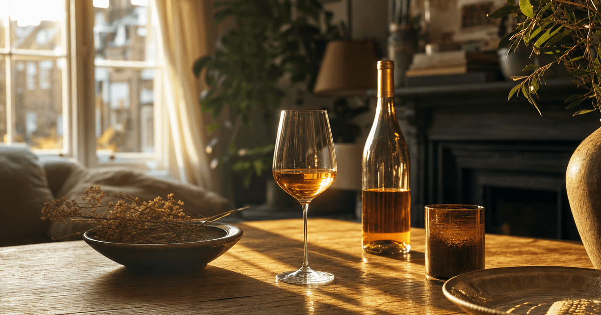 A glass of pale gold dry Furmint wine on a wooden counter with the volcanic hills of Tokaj visible through a shop window
