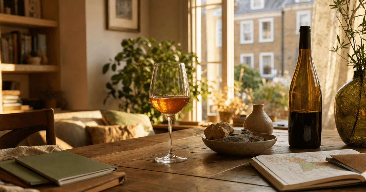 A shop counter with an unfamiliar bottle of wine being picked up by a customer trying new wine regions for the first time