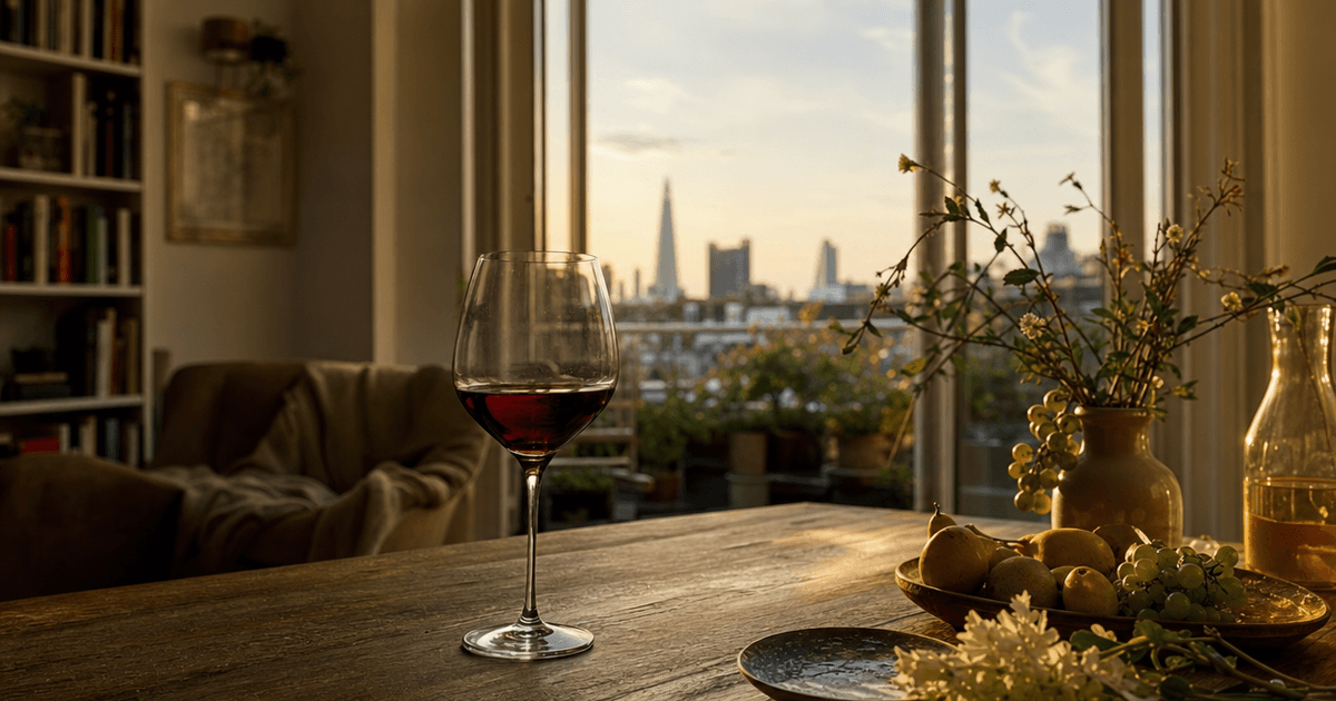 A glass of golden Condrieu viognier beside the bottle, granite Rhône hillside visible through a shop window