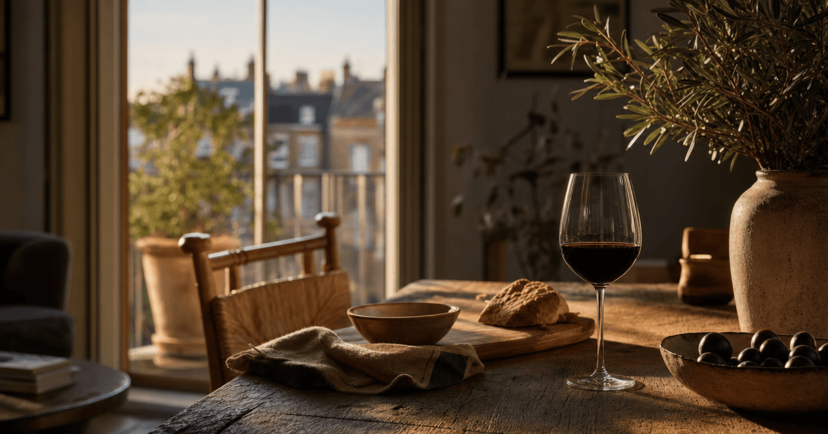 Rows of sun-baked vines under a Mediterranean sky in Languedoc, France's largest wine region, with a glass of red poured in the foreground