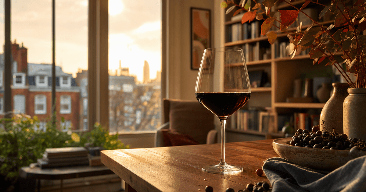 A glass of deep, near-opaque Barossa Shiraz held against evening light, showing its inky colour and legs on the glass