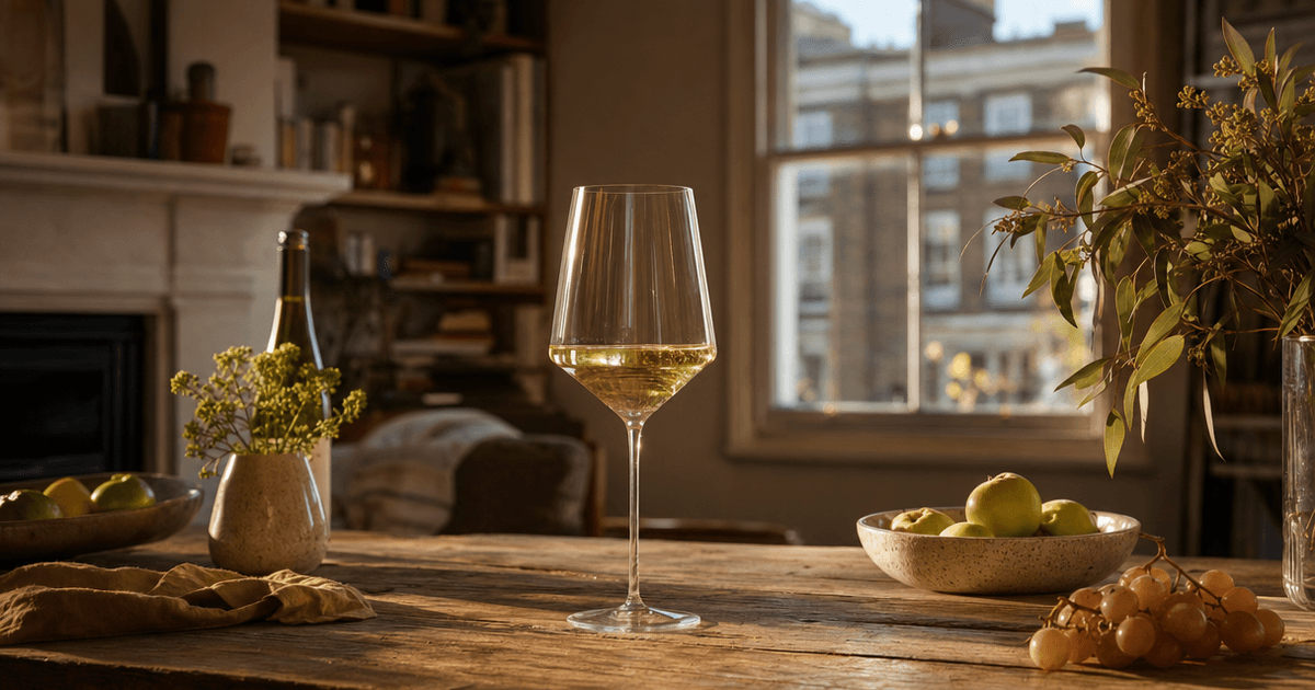 Two glasses of pale Australian Riesling on a wooden shop counter with Clare Valley and Eden Valley labels beside them
