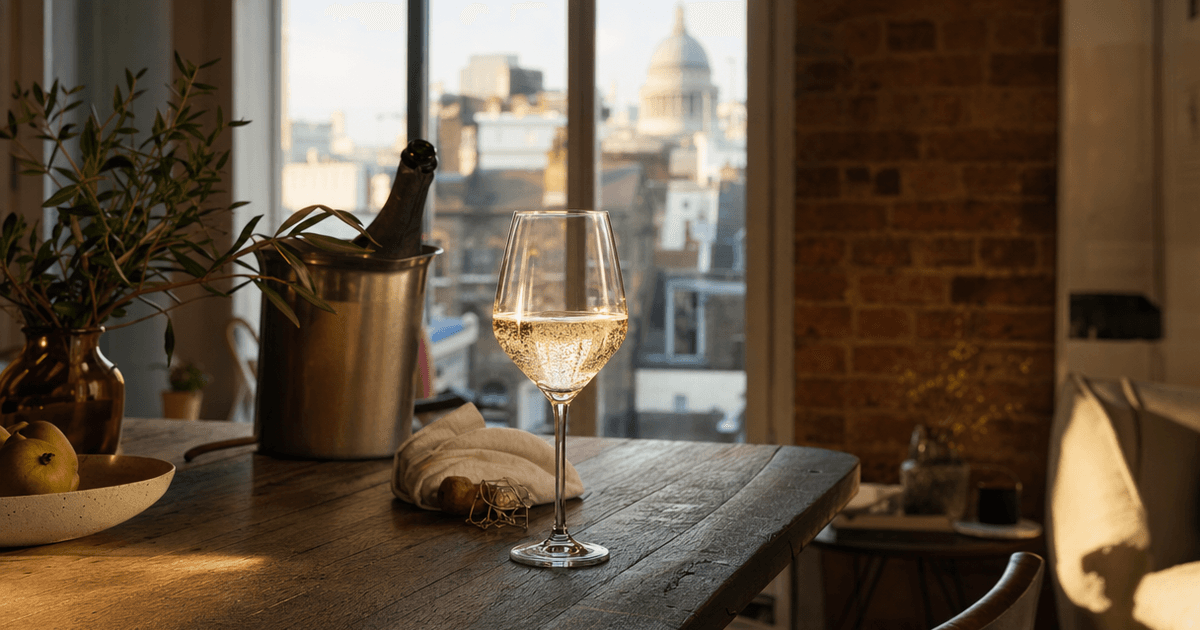 A glass of Tasmanian sparkling wine on a wooden bar with the bottle and cool coastal light behind it