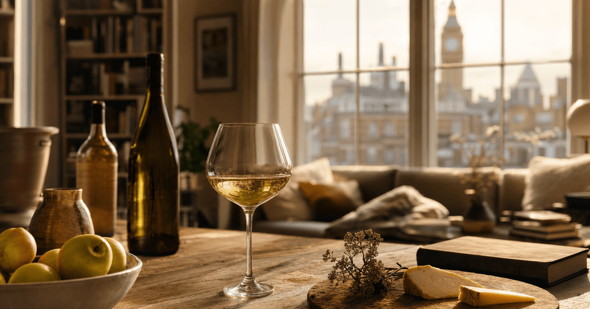 Four glasses of Chardonnay ranging from pale steely to deep gold, showing the range of chardonnay styles side by side on a wine shop counter