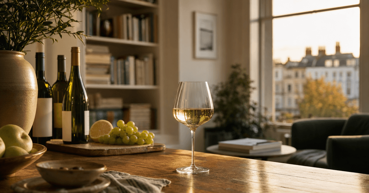 Two glasses of pale wine side by side, one straw-coloured Pinot Grigio and one deeper coppery Pinot Gris, on a wine shop counter
