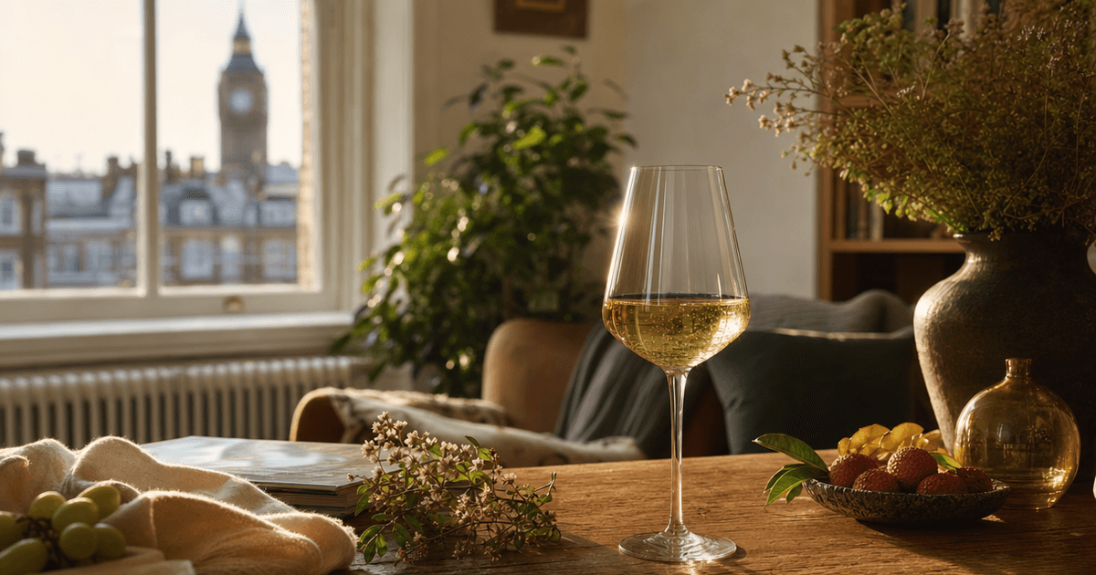 A glass of gewurztraminer wine beside lychees and a pink rose, showing the grape's lychee and rose petal character