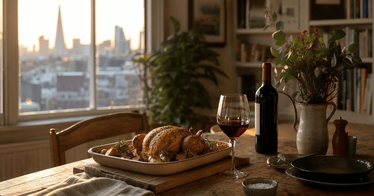 A roast chicken on a wooden table beside glasses of red and white wine, showing wine pairing with roast chicken options