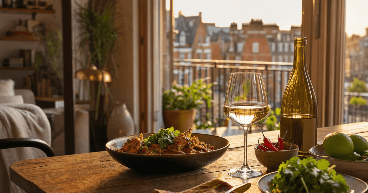 A glass of off-dry white wine beside a steaming bowl of spicy curry on a wooden table