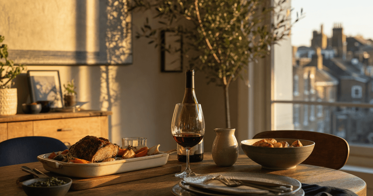A roast dinner with beef, potatoes and gravy alongside two glasses of red wine on a Sunday table