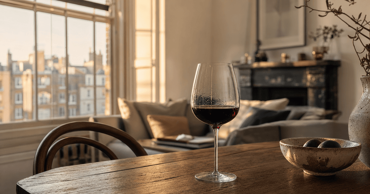 A merchant's hand tilting a glass of full-bodied red wine against the light in a small wine shop, showing its density and colour