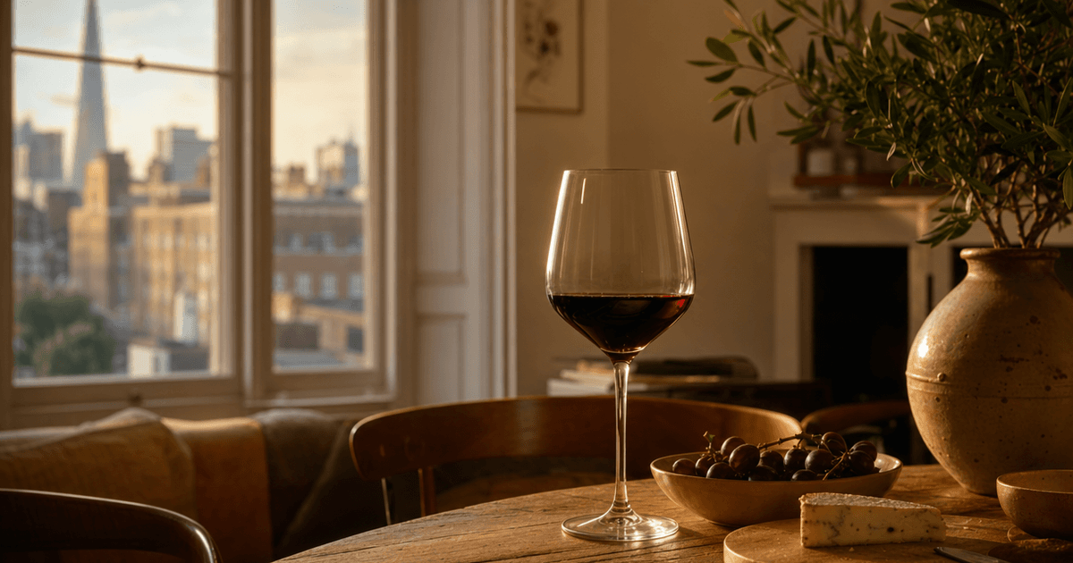 Two open wine bottles on a merchant's counter, one single-grape varietal and one multi-grape blend, glasses beside them