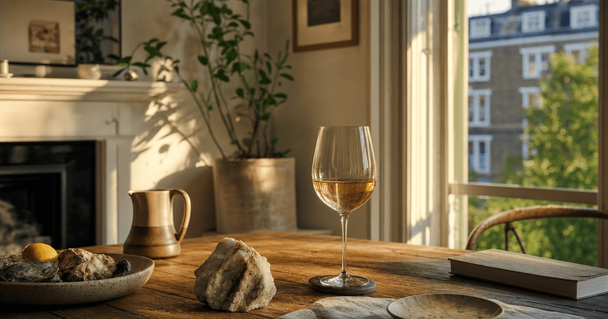 A glass of pale mineral white wine held against light, with wet slate and chalk stones on a wooden shop counter